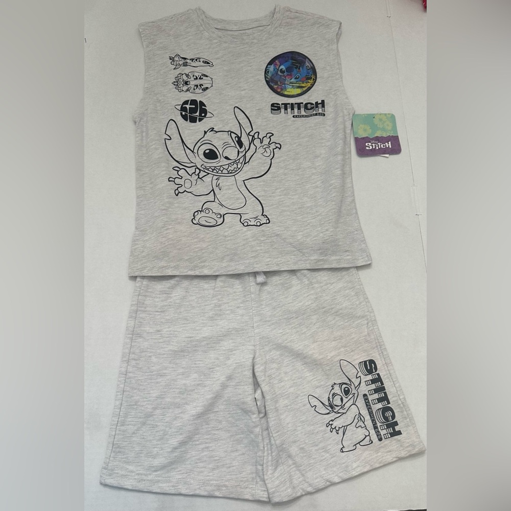 Kids Disney Stitch Boys Light Gray Tank Top and Shorts Set, 2-Piece, Size 7